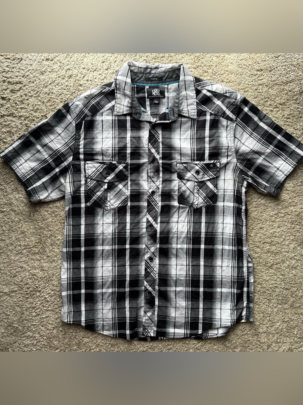Rock & Republic Black Gray Plaid Stretch Button Front Shirt Men’s XL